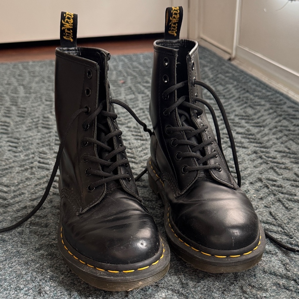 Dr. Martens Black Leather Boots with Yellow Stitching